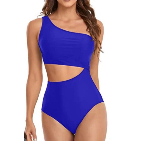 Womens Small One Shoulder Monokini Cutout Swimsuit One Piece Royal Blue Sexy - Picture 3 of 11